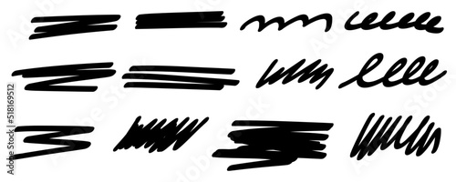 Highlight underline and strike stroke through. Pen line template. Hand drawn marker line stroke set. Vector illustration isolated on white background.