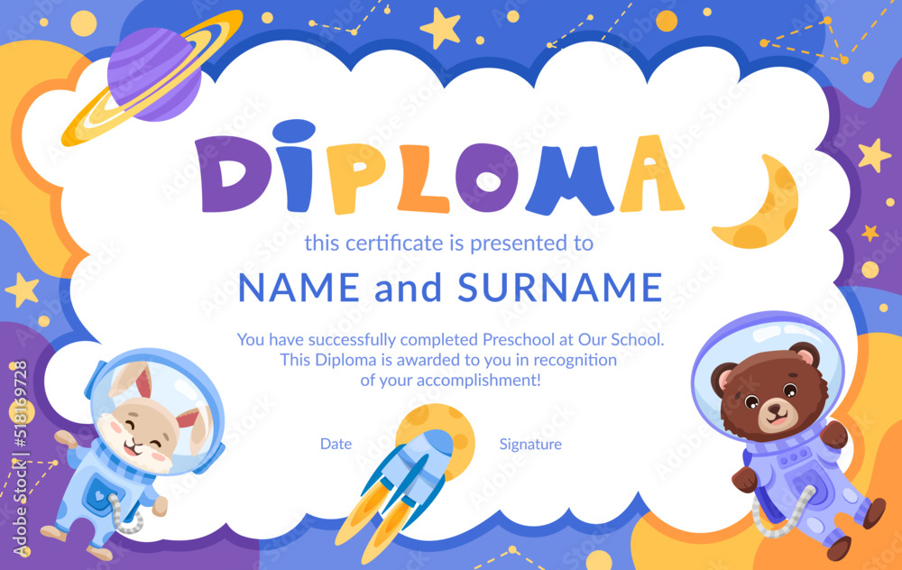 Cute school or preschool diploma certificate for kids with rabbit and bear astronauts in open space with stars, planets and rocket. Vector cartoon illustration Cute school or preschool diploma certificate for kids with rabbit and bear astronauts in open space with stars, planets and rocket. Vector cartoon illustration