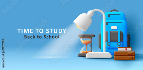 Back to school banner with 3d illustration of backpack, desk lamp, books with glass sand clock. Vector illustration