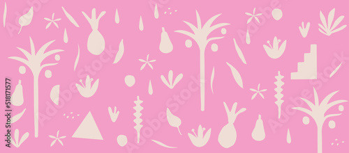 Monochromatic nature inspired shapes doodle collection. Cute botanical shapes, random childish doodle cutouts of tropical leaves, flowers and fruit, decorative abstract art vector illustration