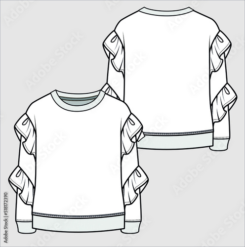 FRILLED SLEEVES DROP SHOULDER SWEAT TOP FOR  TEEN GIRLS AND KID GIRLS IN EDITABLE VECTOR FILE