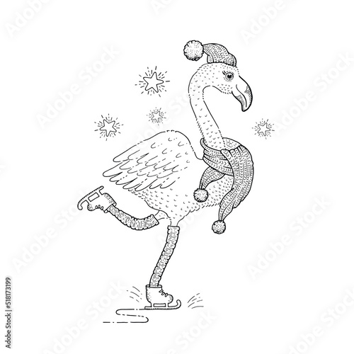 Christmas flamingo. Winter coloring book card. Girl animal graphic. Cartoon kid tropic line bird. Merry Christmas cool holiday flamingo. Tropical bird on ice. Decorative baby vector. Cute xmas print