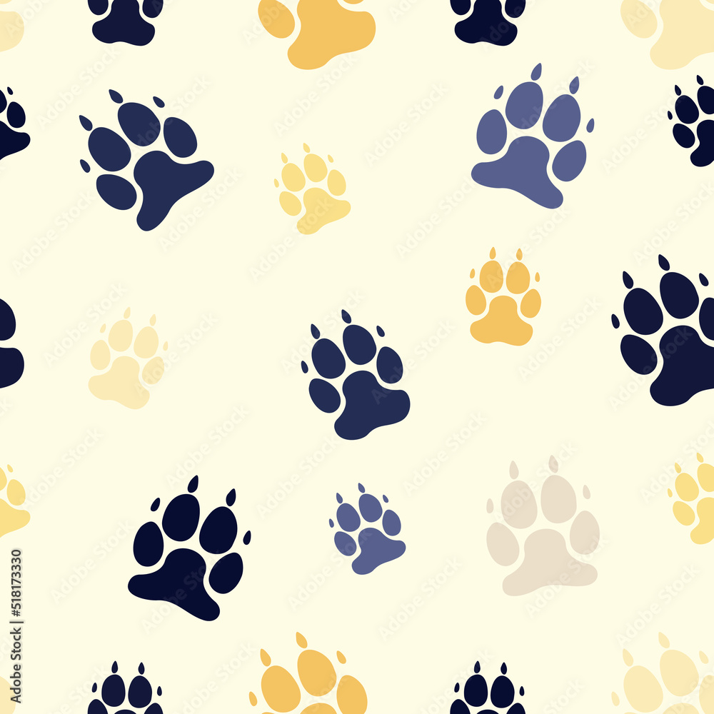 Fototapeta premium Vector illustration of a seamless print with a dog paw. Colored background animals.