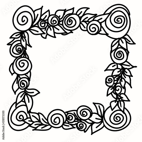 Frame with flowers and leaves, black isolated on white