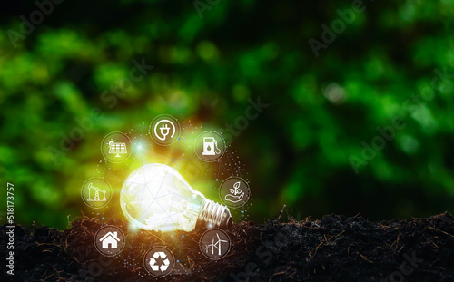 Ecology concept.Glowing light bulb on the soil. Symbol. on a green nature background with icons energy sources for renewable, sustainable development. renewable energy. 
