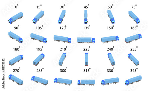 A set of 24 semi-trailer trucks from different angles. Rotation of the truck by 15 degrees for animation and video games.  