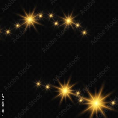 Background of golden dust particles with light  dust and stars explosion on transparent background. Vector illustration