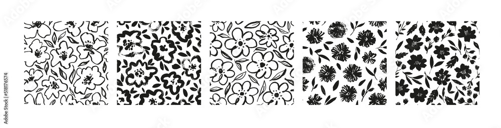 Collection of black brush flowers seamless patterns. Hand drawn monochrome floral motives. Spring vector seamless pattern. Botanical ornaments with chamomiles, daisy, peony and different others buds