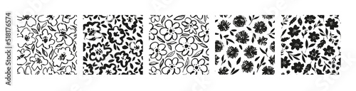 Collection of black brush flowers seamless patterns. Hand drawn monochrome floral motives. Spring vector seamless pattern. Botanical ornaments with chamomiles, daisy, peony and different others buds