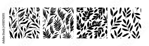 Set of seamless patterns with plant branches. Hand drawn simple botanical ornaments. Vector patterns of various silhouette branches with leaves. Olive, eucalyptus, fern, palm stems. 