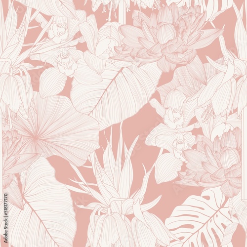 Garden flower illustration. Line  vintage seamless pattern.  Matthiola incana, Fritillaria imperialis, peony spring line illustration. Pinc, coral. photo