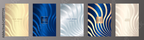 Premium cover design set. Luxury wavy line pattern in navy blue, gold, silver color stripe. Creative vector collection for business card, eco catalog, sport brochure, planner, flyer, poster, booklet