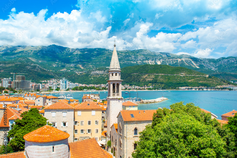 Beautiful summer landscape of the Adriatic coast in The Budva Riviera and old town of Budva, Montenegro