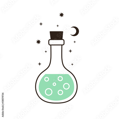 Vector illustration of cute potion bottle with bubbles. Hand drawn magic elixir print. Simple doodle drawing of brew in a jar for card, poster, invitation design