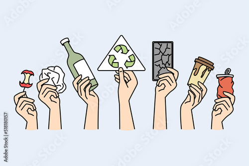 Closeup of hands holding garbage and waste for recycle. Eco friendly activist and volunteers stand for environment and planet care. Sustainability. Vector illustration. 
