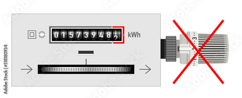 Strom Zähler mit Thermostat, Ausschalten und sparen, 
Vektor Illustration isoliert auf weißem Hintergrund
