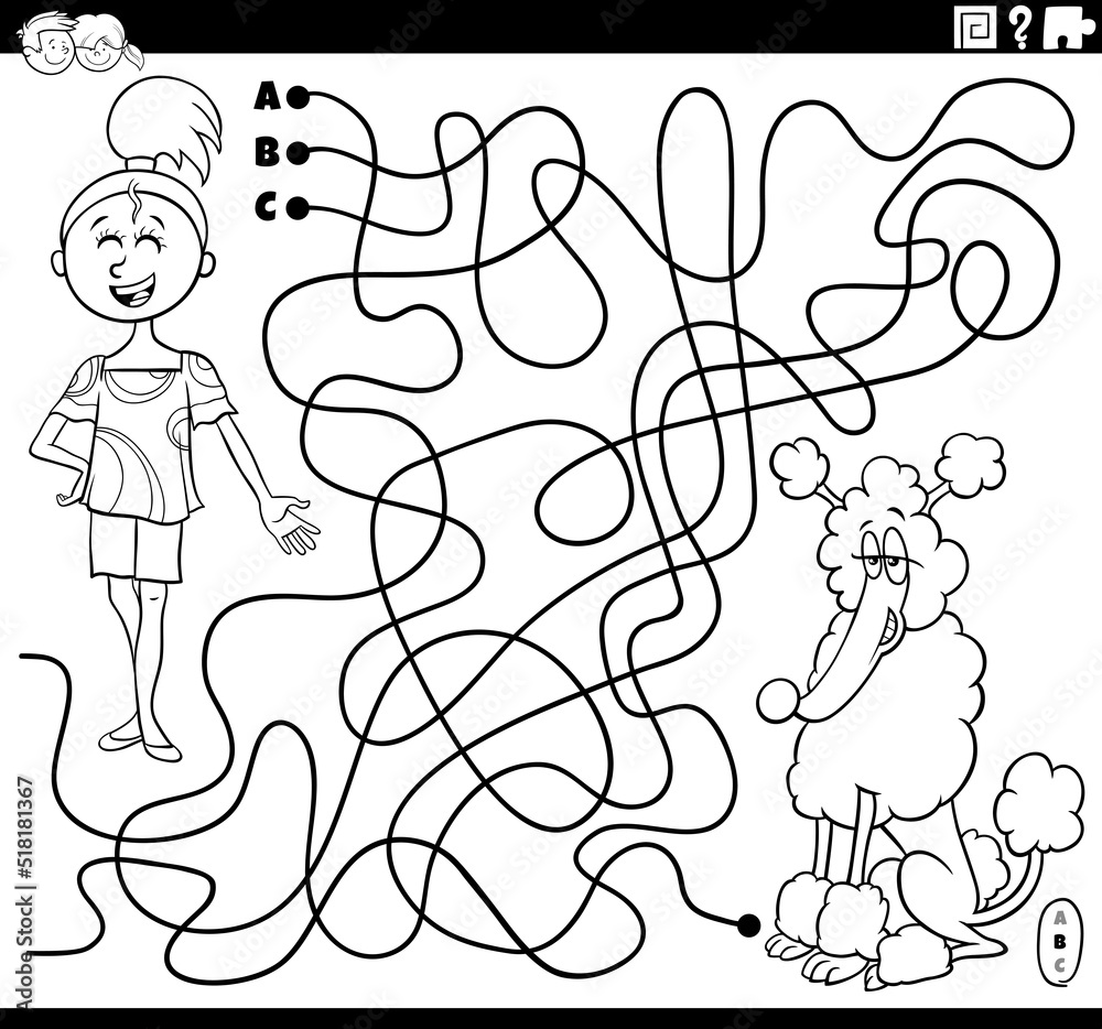 maze with cartoon girl and her dog coloring page