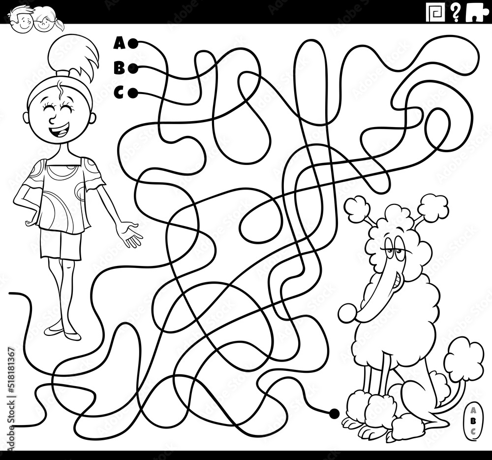 maze with cartoon girl and her dog coloring page maze with cartoon girl and her dog coloring page