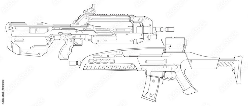 Obraz premium Set of firearms line art style, Shooting gun, Weapon illustration, Vector Line, Gun illustration, Modern Gun, Military concept, Pistol line art for training