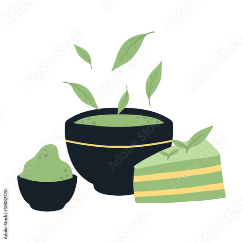 Matcha tea. Mug with matcha and green tea leaves. Vector illustration. Natural green tea.