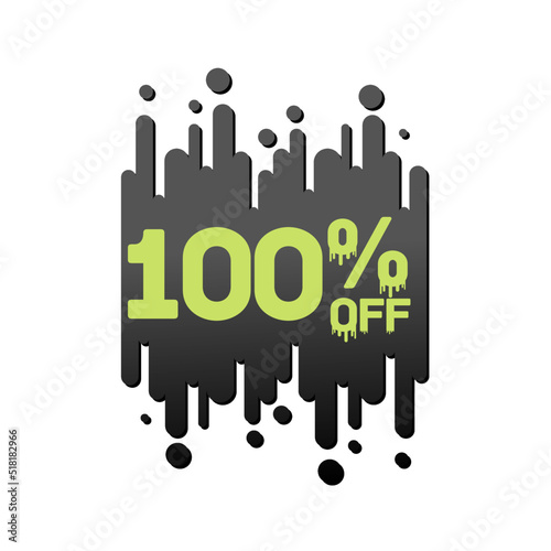 100% percent off (offer), Melting bubblegum black and black design, super discount sticker, Vector illustration. Hundred