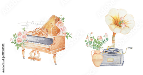 Watercolor piano and phonograph, musical instrument with flowers, vintage illustrations, retro art, perfect for vintage invitation