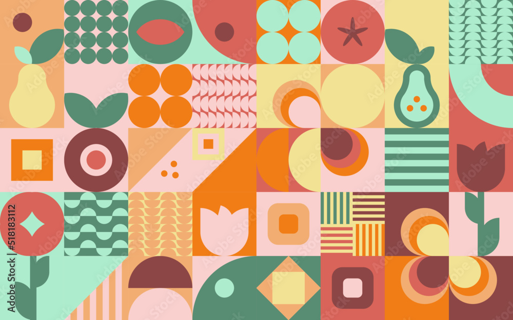 Geometryczna kompozycja - kolorowa mozaika z jabłkiem, gruszką i kwiatami w jesiennych kolorach. Powtarzający się wzór w stylu bauhaus do zastosowania jako tło do projektów. - obrazy, fototapety, plakaty 