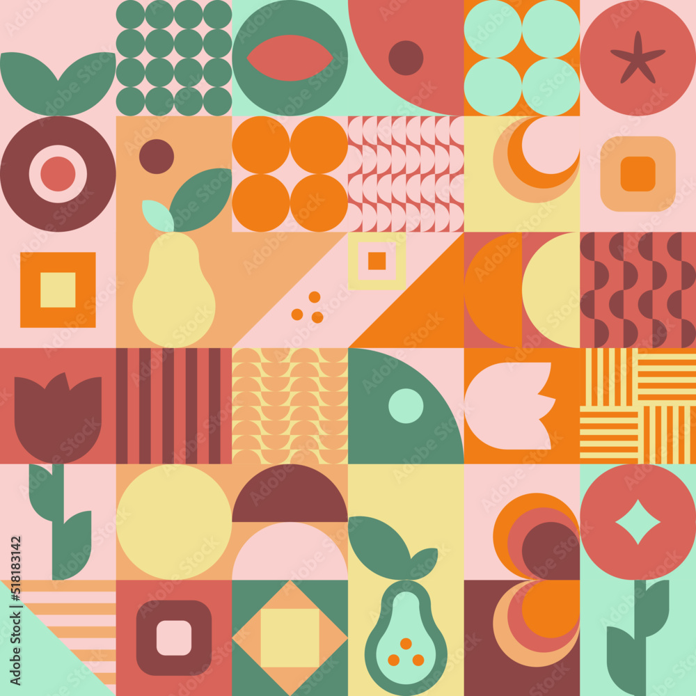 Geometryczna kompozycja - kolorowa jesienna mozaika z jabłkiem, gruszką i kwiatami. Powtarzający się wzór w stylu bauhaus do zastosowania jako tło do projektów. - obrazy, fototapety, plakaty 