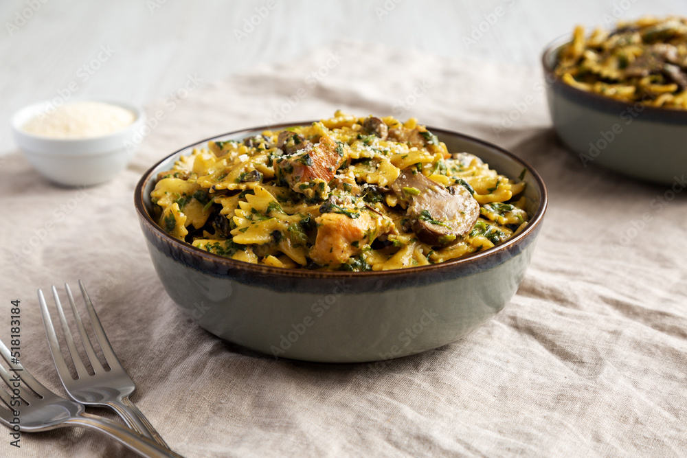 Homemade One-Pot Chicken and Mushroom Pasta in a Bowl, side view. Close-up. Homemade One-Pot Chicken and Mushroom Pasta in a Bowl, side view. Close-up.