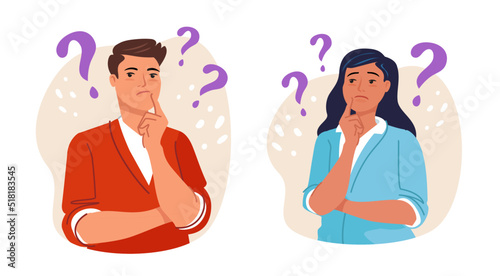 Thoughtful people. Smart thinking men and women solve problems. Boy and girl surrounded by question marks