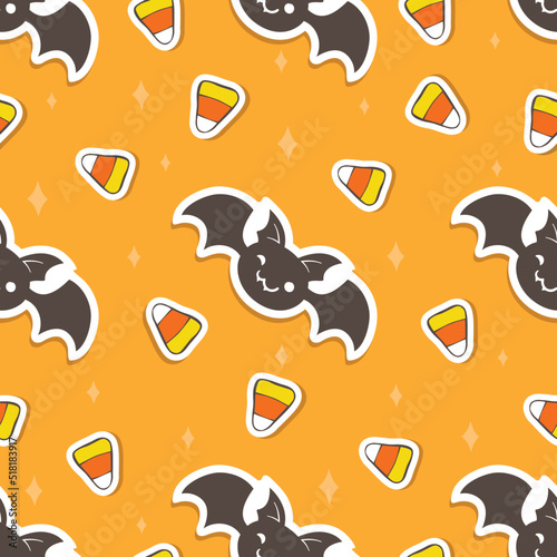 Funny simple seamless Halloween pattern with bats,  corn candies and orange background.