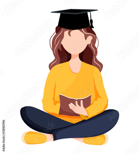 education. Vector stock illustration. Webinar. Style without a face Girl sits cross-legged and reads a book. Character. Study