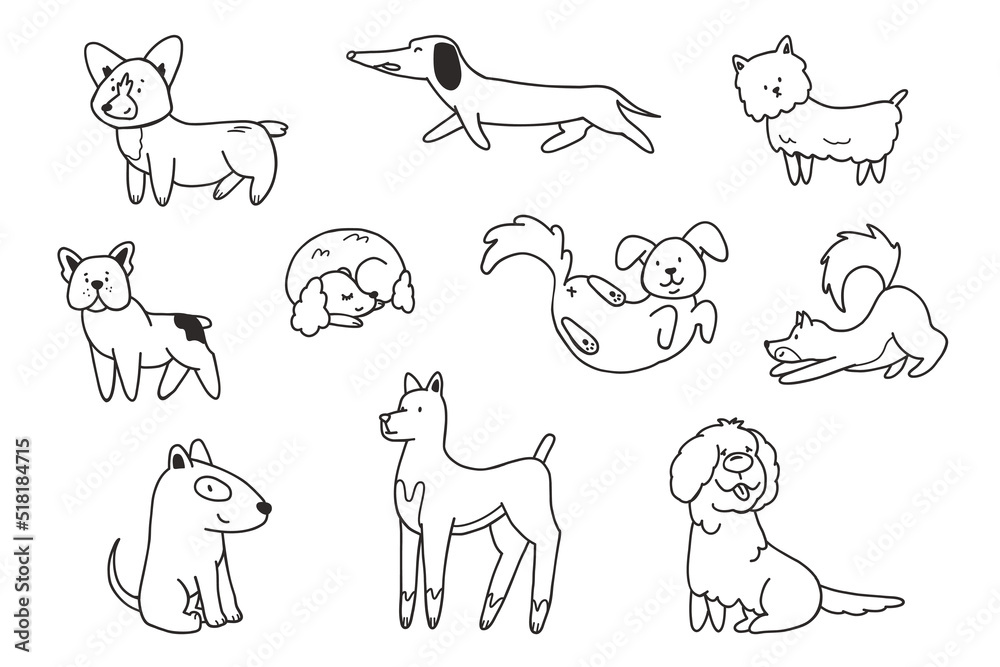 Cute dogs doodle vector set. Collection of dog and puppy characters in ...