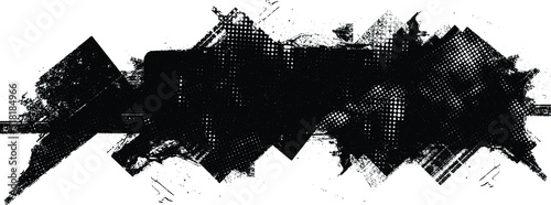 Glitch distorted geometric shape . Noise destroyed logo . Trendy defect error shapes . Glitched frame .Grunge textured . Distressed effect .Vector shapes with a halftone dots screen print texture.