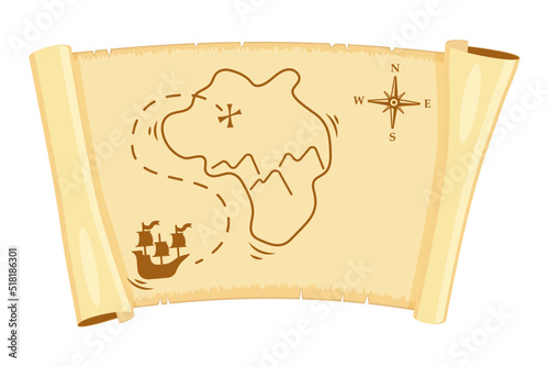 Pirate treasure map. Twisted parchment with quest. Vector illustration of old paper with path direction.
