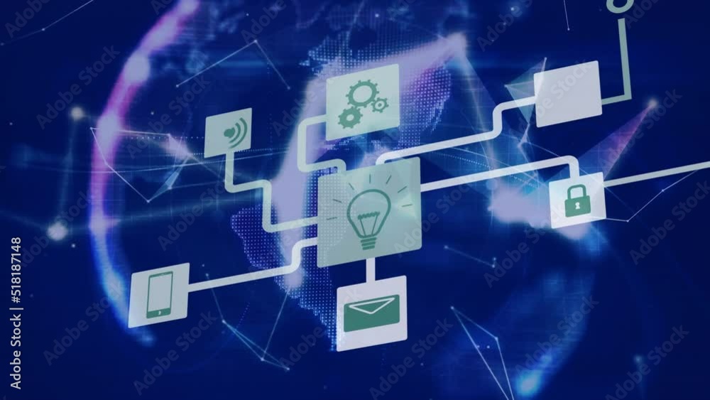 Animation of network of connections with icons over globe on blue background Animation of network of connections with icons over globe on blue background