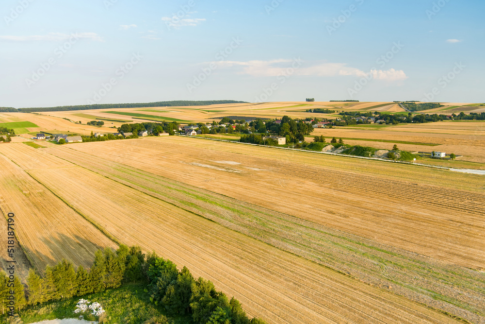 Aerial view of agricultural parcels of different crops. Road winding though countryside fields and farmlands of Poland.