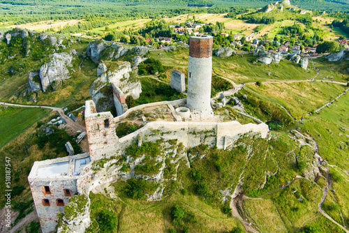 Aerial view of Castle in Olsztyn, one of the most well-known and picturesque remnants of the legendary complex of castles which had once towered over the Cracow-Czestochowa Upland photo