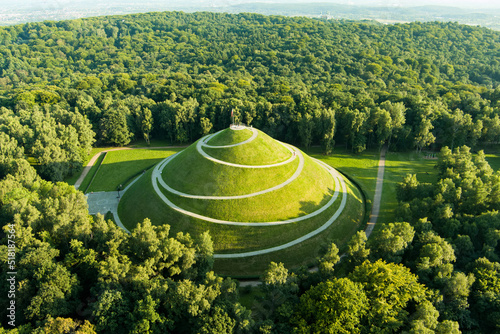 Aerial view of the famous Pilsudski's Mound in a sunny summer day, an artificial mound located in the western part of Krakow, on the Sowiniec Heights.