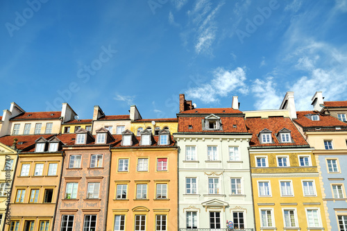 Colourful buildings of Warsaw's Old Town Market Square, which was completely destroyed during the World War II and later restored to its prewar appearance.