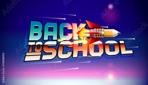 Back to school banner. Retrowave design in 1980s style with flying rocket in starry space