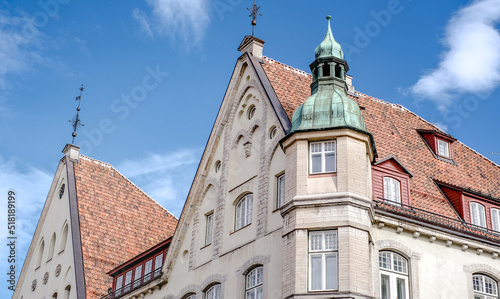 The old town - the oldest part of Tallinn in Estonia with orange tiled roofs and ancient buildings