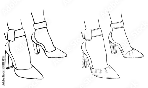 Drawing sketch outline of the silhouette of fashionable women's shoes, ankle strap, mary jane. Line style and brush strokes