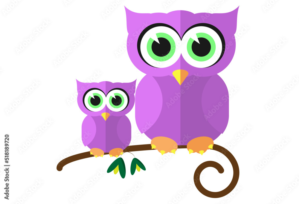 Obraz premium Purple owl and owlet sit on branches. Branch with olives. Cute owls on the tree. Good morning. Good night. Sweet Dreams. Little owlet. Modern illustration