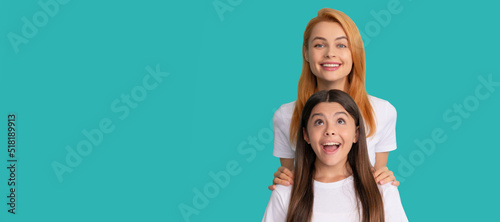 Mother and daughter child banner, copy space, isolated background. generation. cheerful mother and daughter. mom and teen girl portrait. © Olena