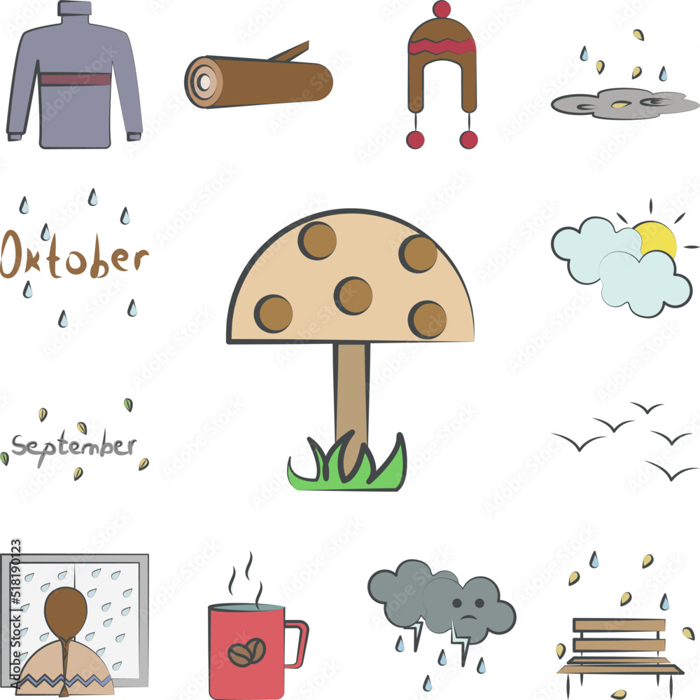 Mushroom colored hand drawn icon in a collection with other items Mushroom colored hand drawn icon in a collection with other items