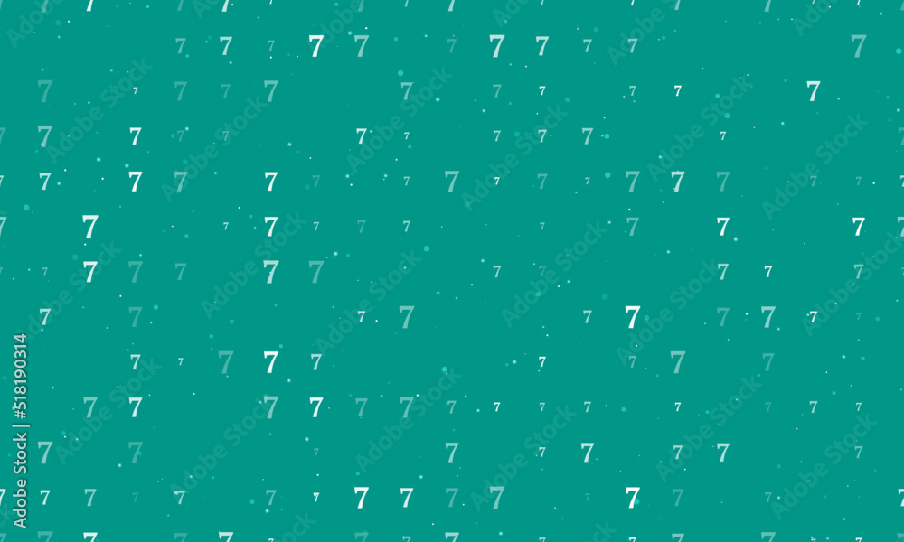 Seamless background pattern of evenly spaced white number seven symbols of different sizes and opacity. Vector illustration on teal background with stars Seamless background pattern of evenly spaced white number seven symbols of different sizes and opacity. Vector illustration on teal background with stars