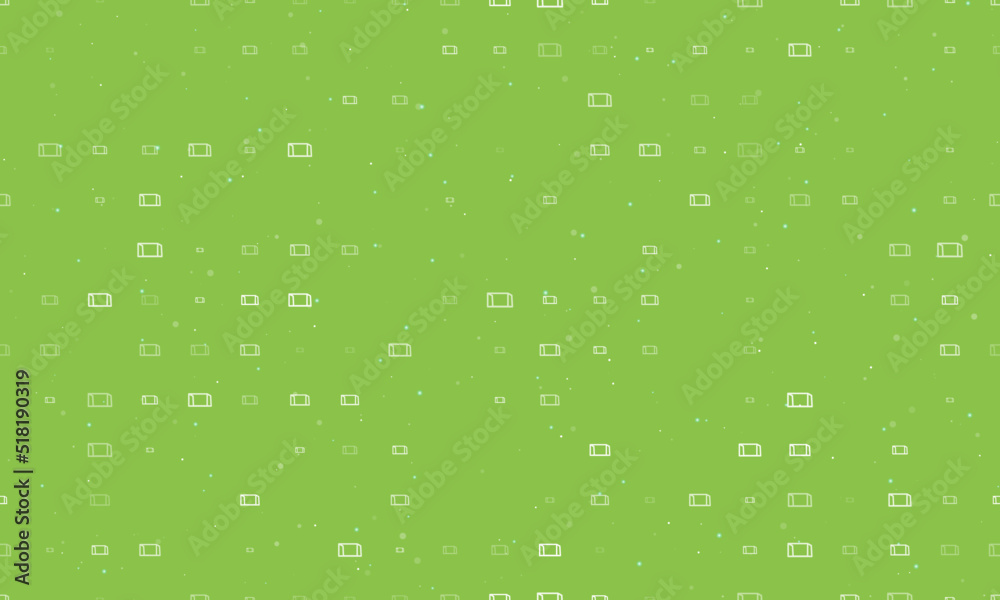 Seamless background pattern of evenly spaced white football goal symbols of different sizes and opacity. Vector illustration on light green background with stars