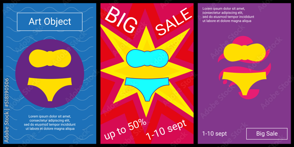 Trendy retro posters for organizing sales and other events. Large bikini symbol in the center of each poster. Vector illustration on black background
