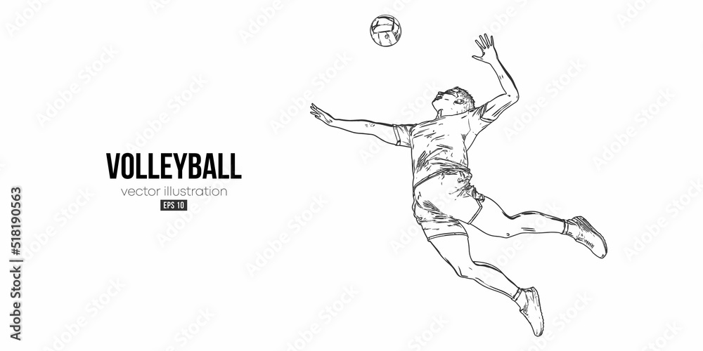 Abstract silhouette of a volleyball player on white background. Volleyball player man hits the ball. Vector illustration